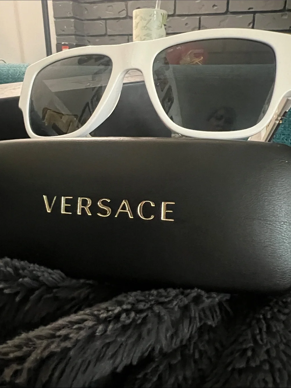 Versace White Frame oversized full inclusion Sunglasses with Dark Lenses